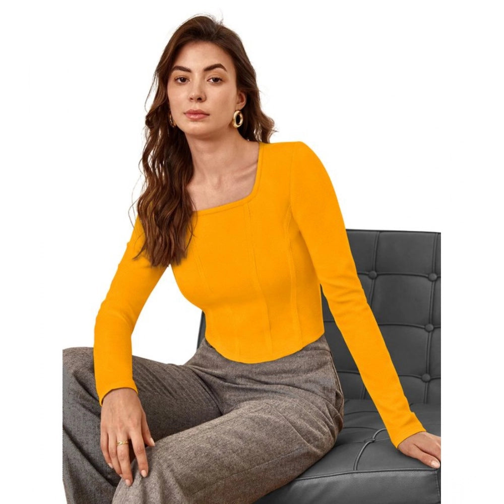 Amfyn Women's Polyester Solid Full Sleeves Square Neck Top (Yellow)