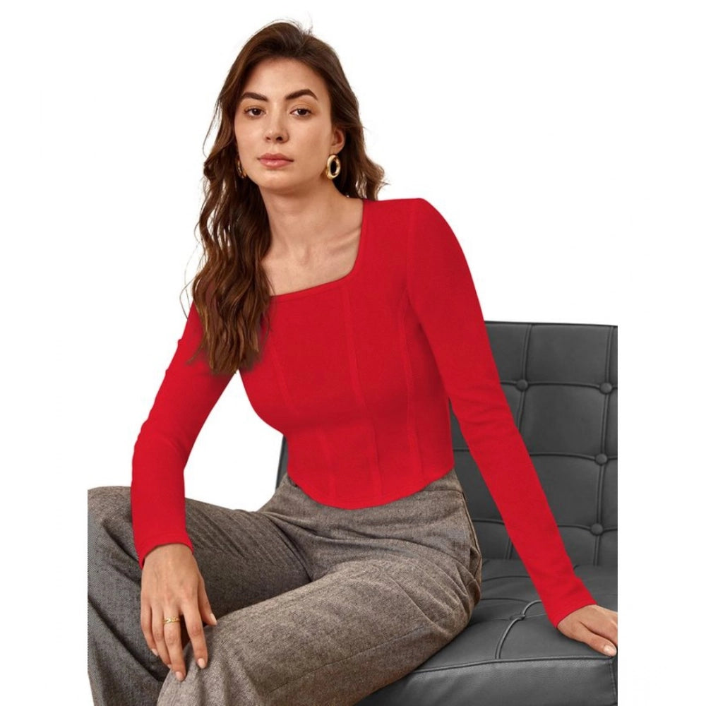 Amfyn Women's Polyester Solid Full Sleeves Square Neck Top (Red)