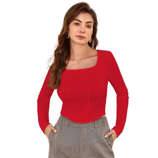 Amfyn Women's Polyester Solid Full Sleeves Square Neck Top (Red)