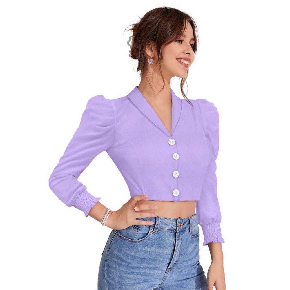 Amfyn Women's Polyester Solid Puff Sleeves Lapel Collar Top (Purple)