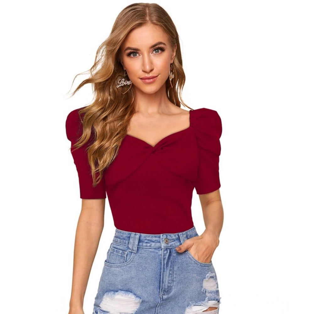 Amfyn Women's Polyester Solid Puff Short Sleeves Sweetheart Neck Top (Maroon)