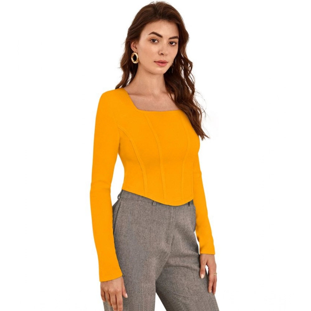 Amfyn Women's Polyester Solid Full Sleeves Square Neck Top (Yellow)