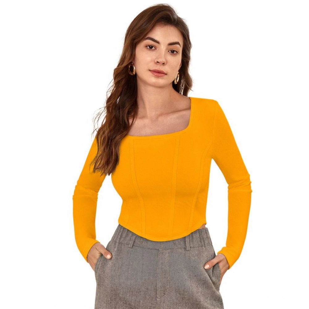 Amfyn Women's Polyester Solid Full Sleeves Square Neck Top (Yellow)