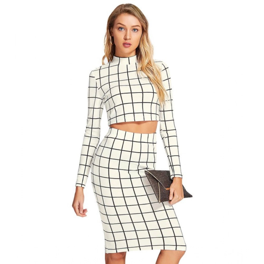 Amfyn Women's Polyester Checkered Full Sleeves Stand Collar Crop Top Skirt Set (White)