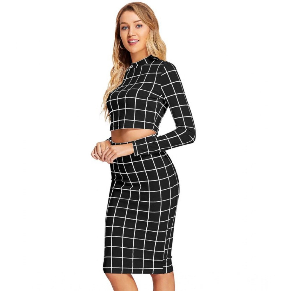 Amfyn Women's Polyester Checkered Full Sleeves Stand Collar Crop Top Skirt Set (Black)