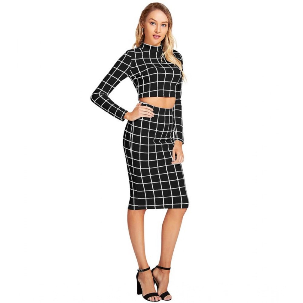 Amfyn Women's Polyester Checkered Full Sleeves Stand Collar Crop Top Skirt Set (Black)