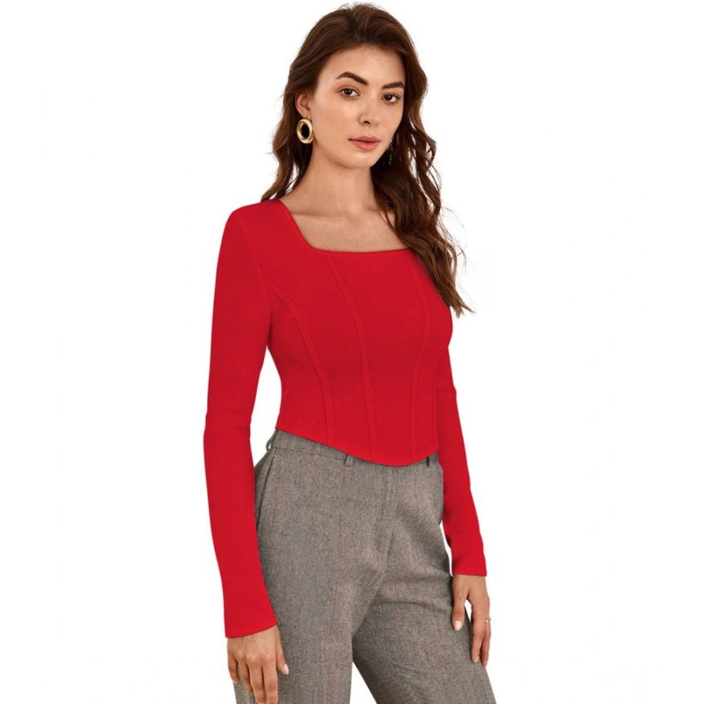 Amfyn Women's Polyester Solid Full Sleeves Square Neck Top (Red)