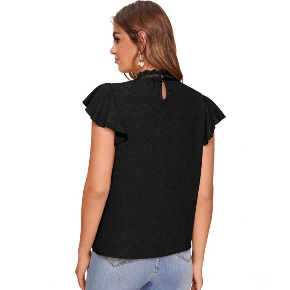 Amfyn Women's Polyester Solid Cap Sleeve Sweetheart Neck Top (Black)