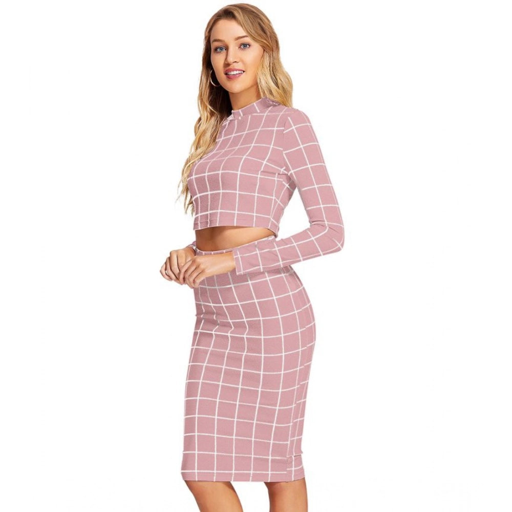 Amfyn Women's Polyester Checkered Full Sleeves Stand Collar Crop Top Skirt Set (Pink)