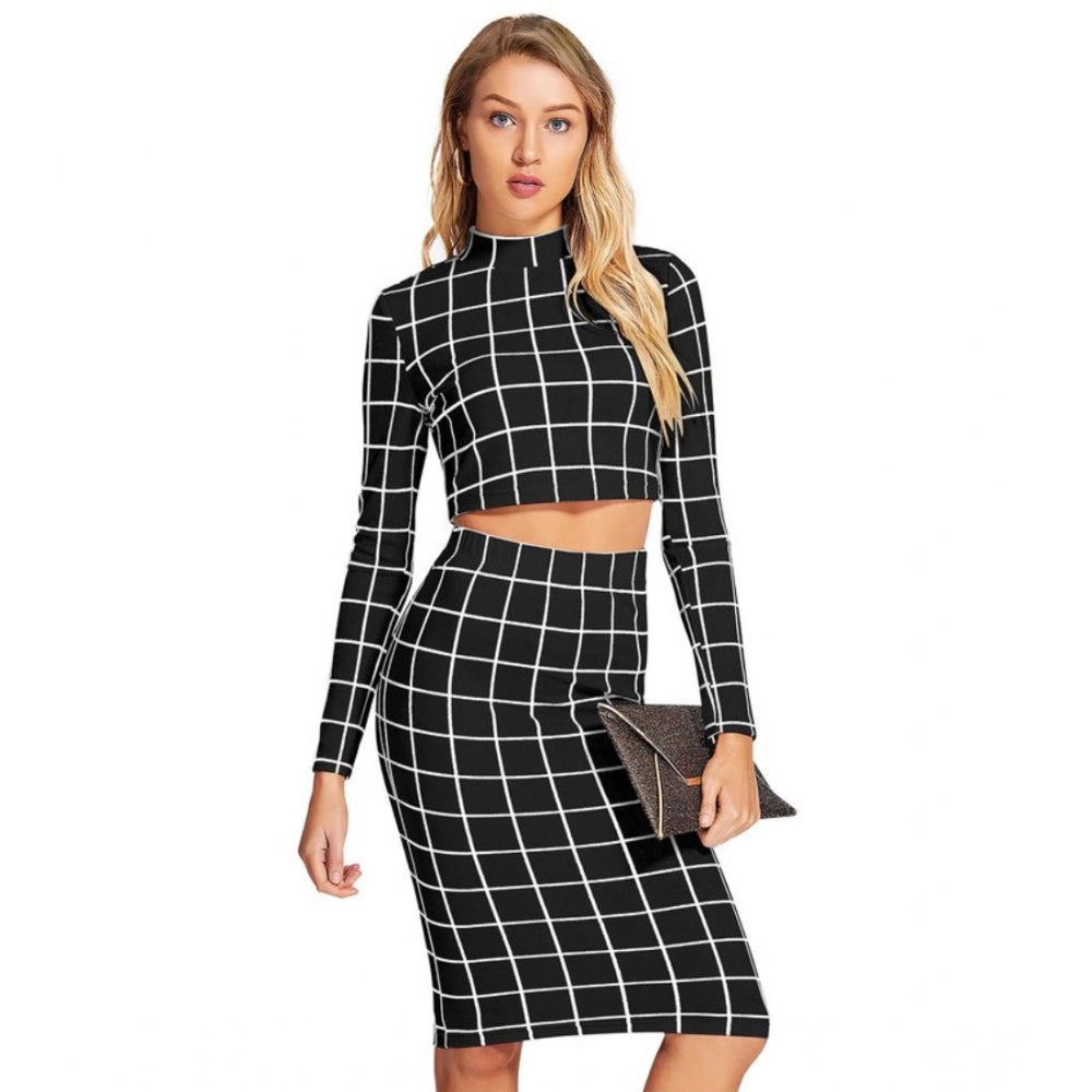 Amfyn Women's Polyester Checkered Full Sleeves Stand Collar Crop Top Skirt Set (Black)