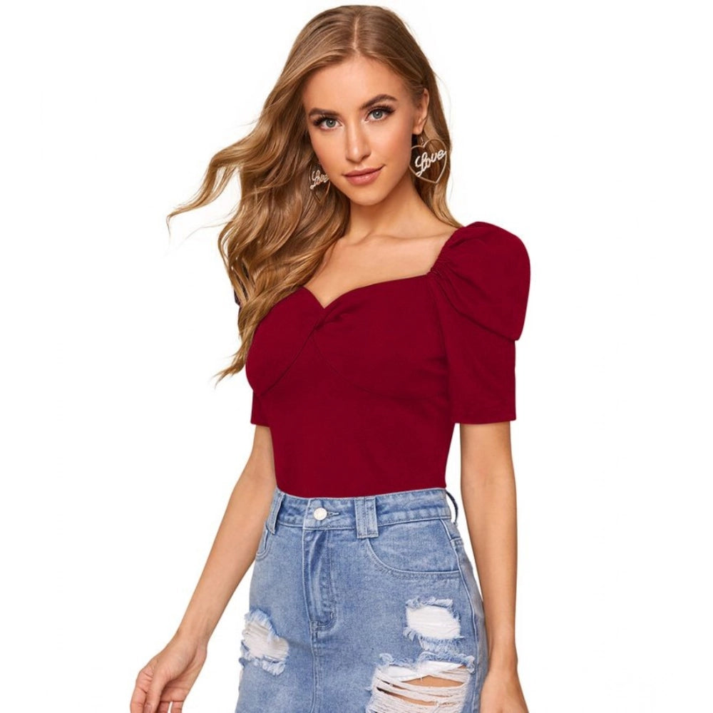 Amfyn Women's Polyester Solid Puff Short Sleeves Sweetheart Neck Top (Maroon)