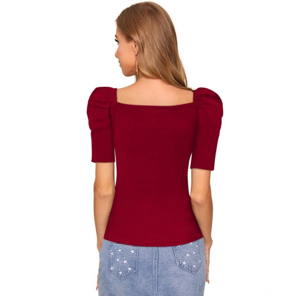 Amfyn Women's Polyester Solid Puff Short Sleeves Sweetheart Neck Top (Maroon)