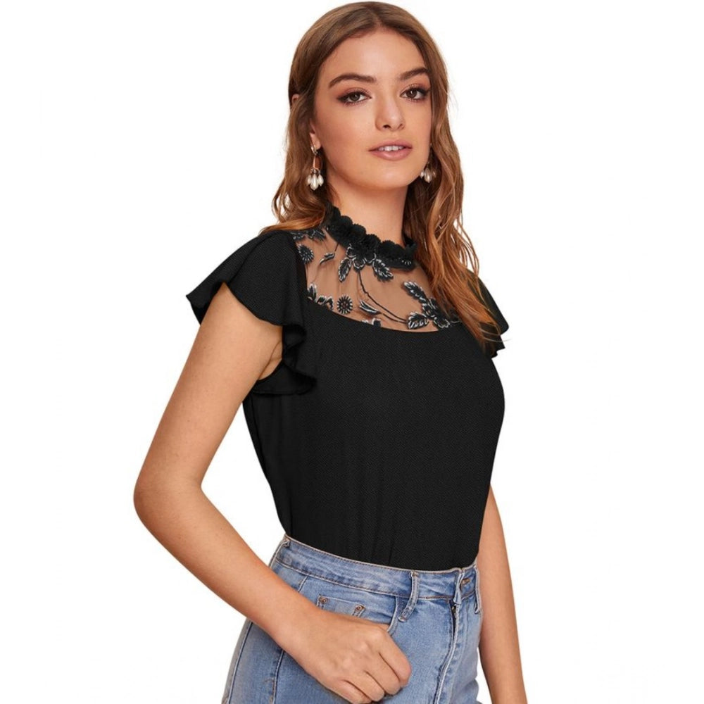 Amfyn Women's Polyester Solid Cap Sleeve Sweetheart Neck Top (Black)