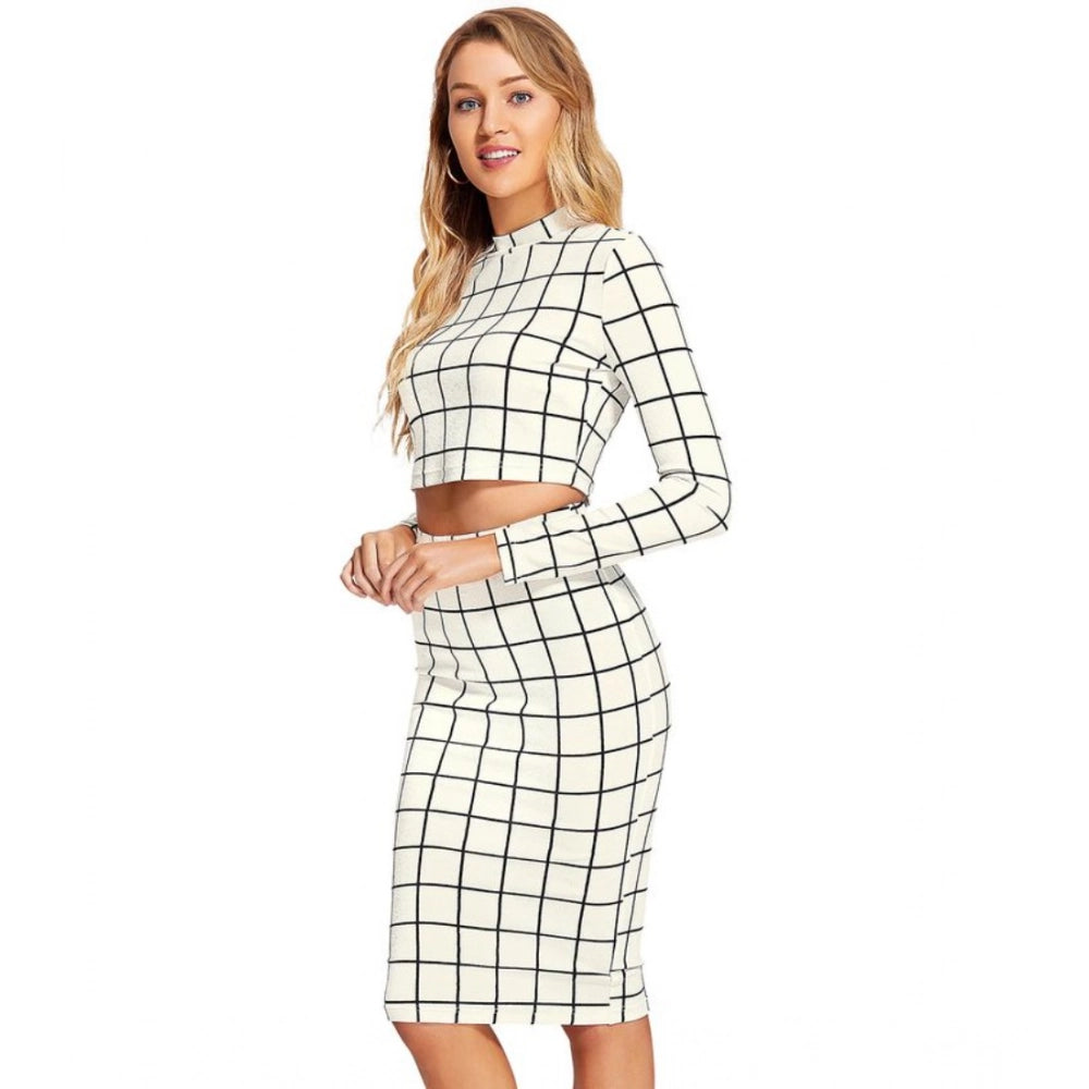 Amfyn Women's Polyester Checkered Full Sleeves Stand Collar Crop Top Skirt Set (White)