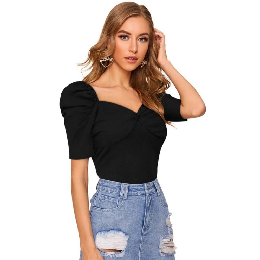 Amfyn Women's Polyester Solid Puff Short Sleeves Sweetheart Neck Top (Black)