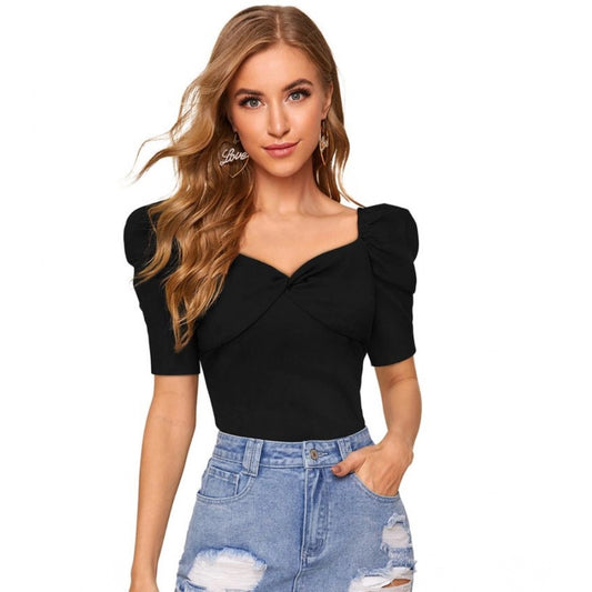 Amfyn Women's Polyester Solid Puff Short Sleeves Sweetheart Neck Top (Black)