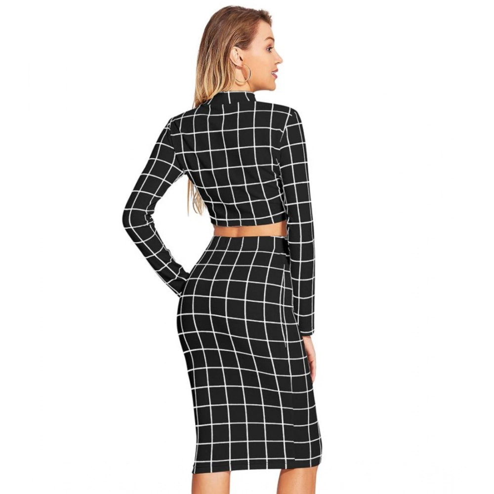 Amfyn Women's Polyester Checkered Full Sleeves Stand Collar Crop Top Skirt Set (Black)