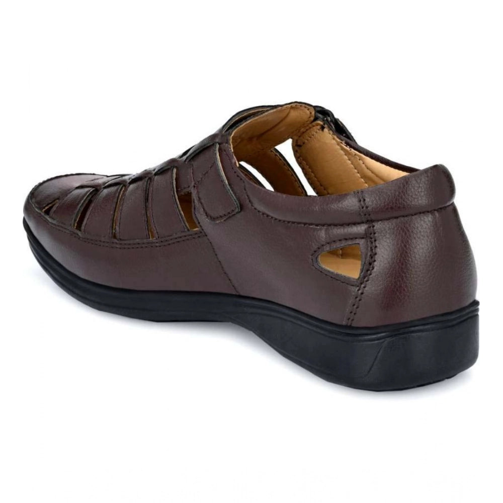 Amfyn Men's Casual Faux Leather Solid Velcro Sandal (Brown)