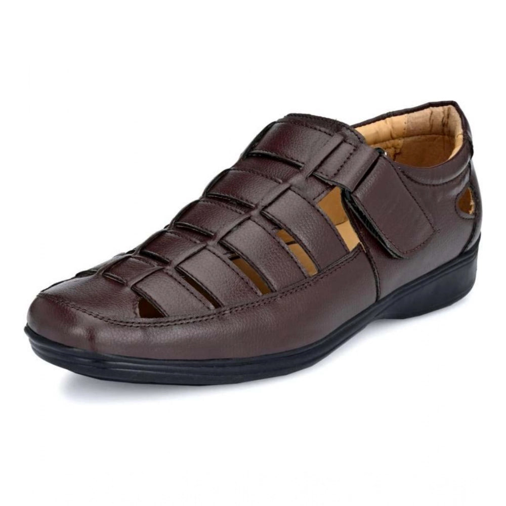 Amfyn Men's Casual Faux Leather Solid Velcro Sandal (Brown)