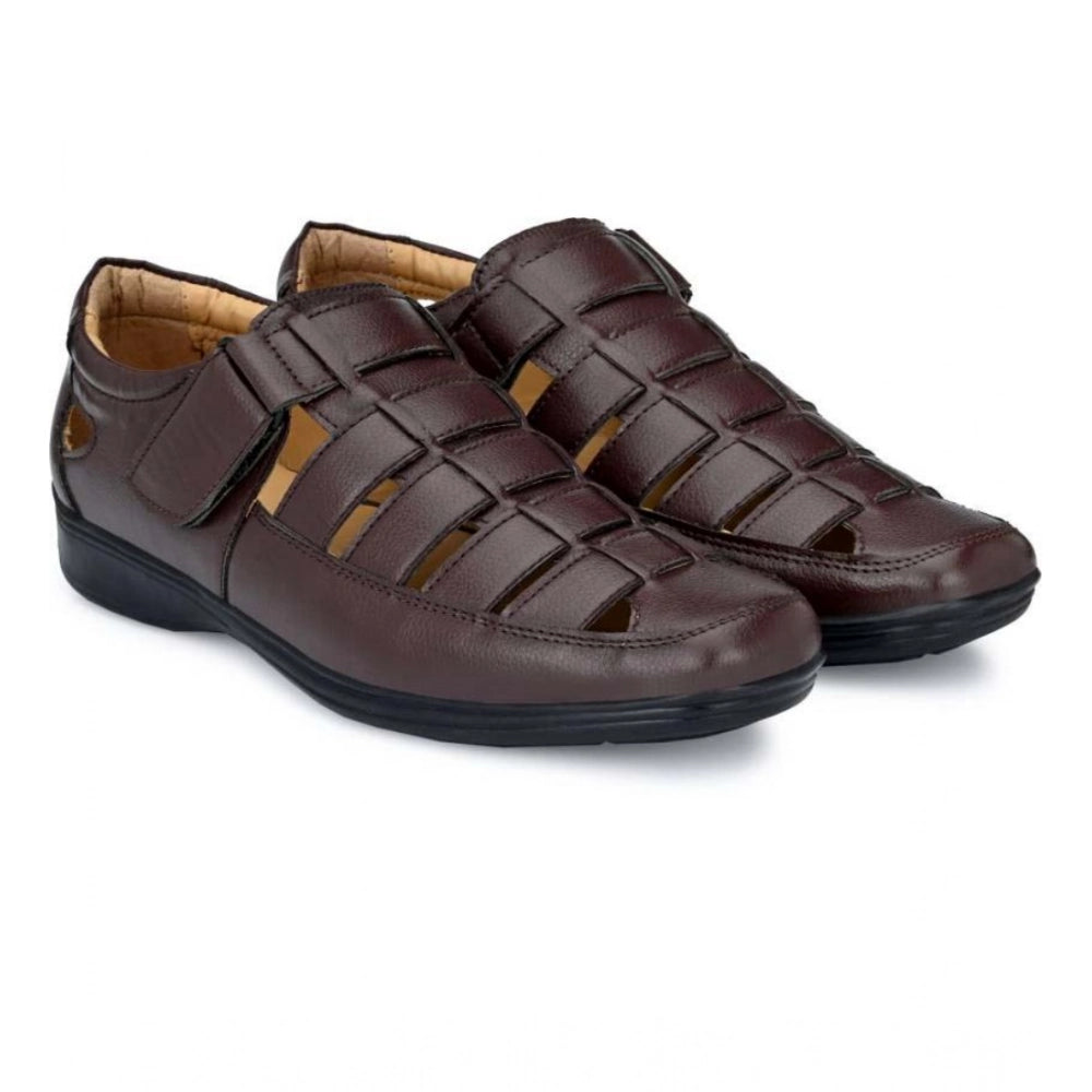 Amfyn Men's Casual Faux Leather Solid Velcro Sandal (Brown)