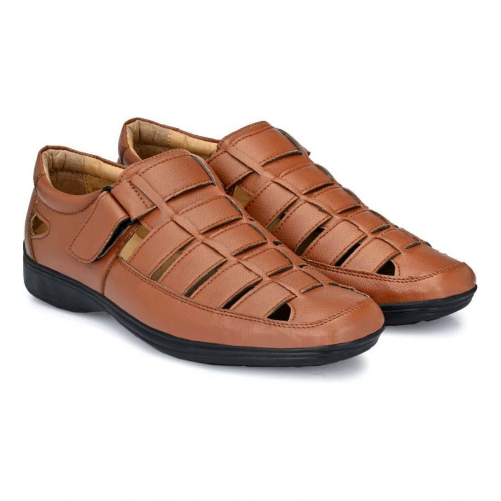 Amfyn Men's Casual Faux Leather Solid Velcro Sandal (Tan)