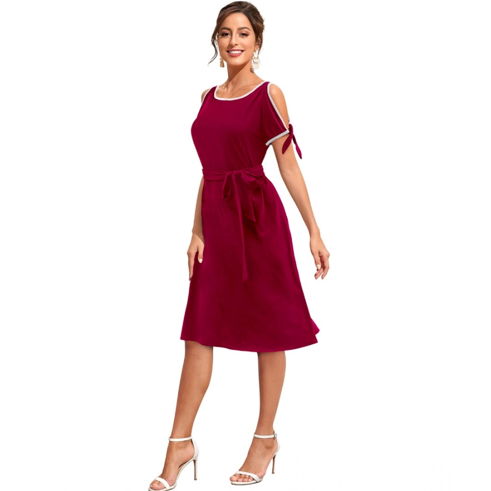 Amfyn Women's Knitting strachable Solid Round Neck Sleeveless Dresses (Maroon)