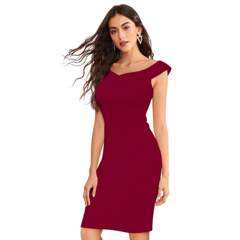 Amfyn Women's Knitting strachable Solid Round Neck Sleeveless Dresses (Maroon)