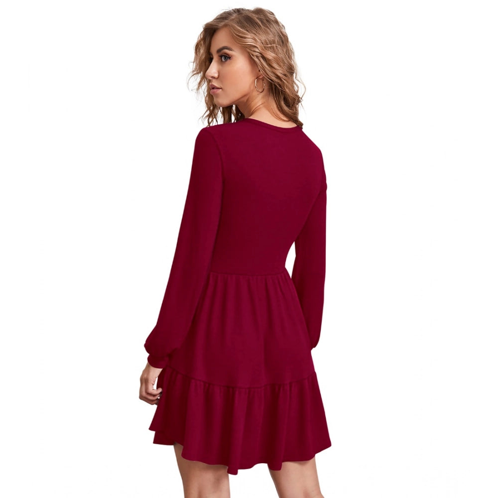 Amfyn Women's Knitting strachable Solid Round Neck Full Sleeve Dresses (Maroon)