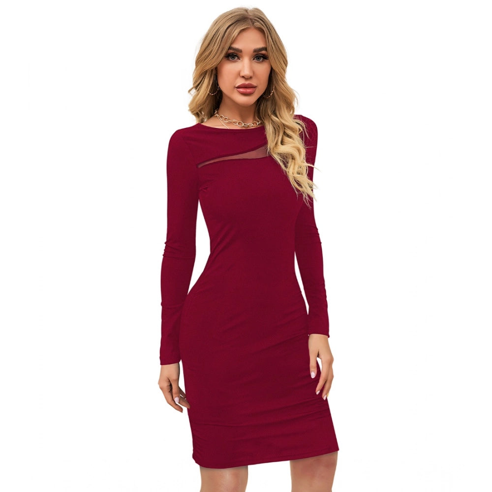 Amfyn Women's Knitting strachable Solid Round Neck Full Sleeve Dresses (Maroon)