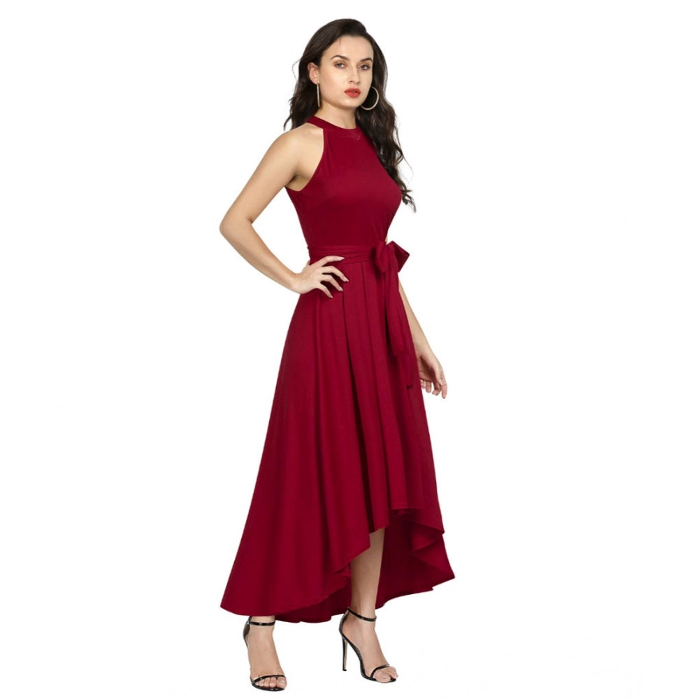 Amfyn Women's Polyster Solid Helter Neck Sleeveless Dresses (Maroon)