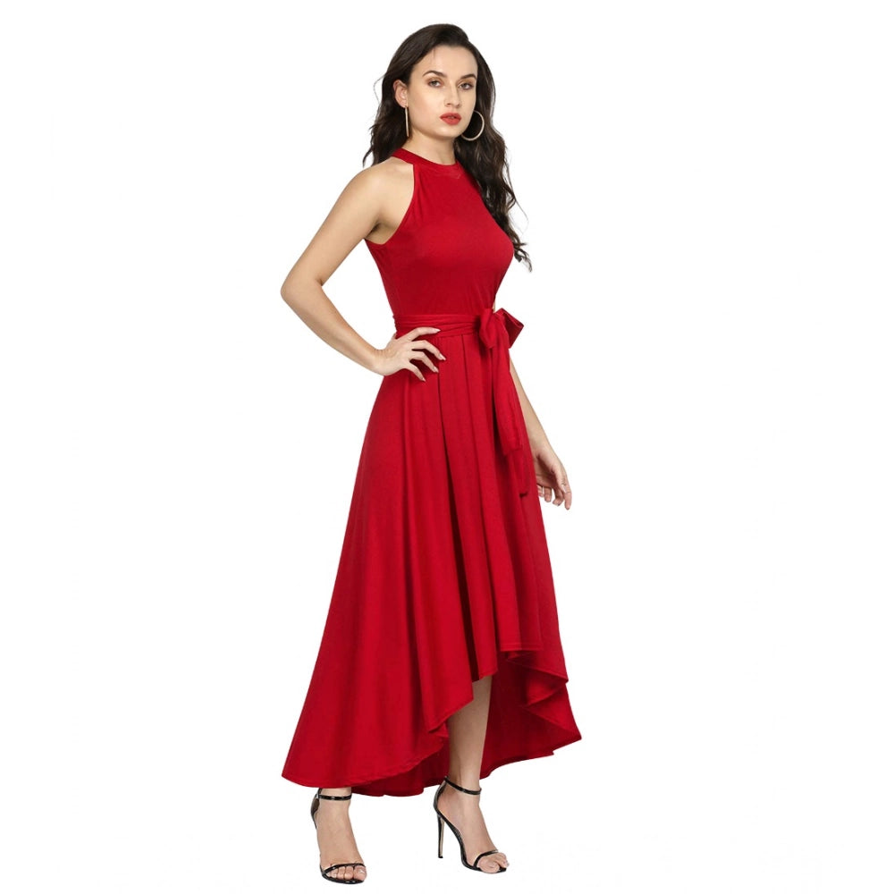 Amfyn Women's Polyster Solid Helter Neck Sleeveless Dresses (Red)