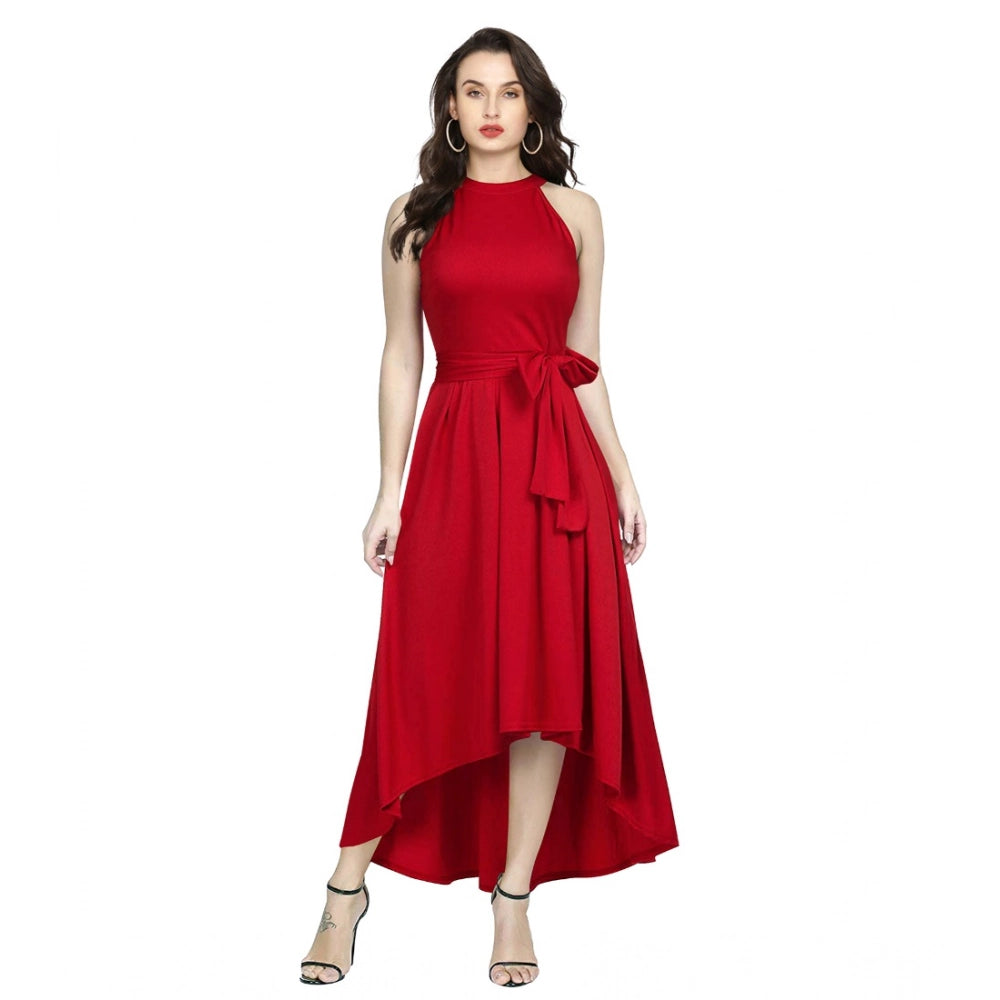 Amfyn Women's Polyster Solid Helter Neck Sleeveless Dresses (Red)