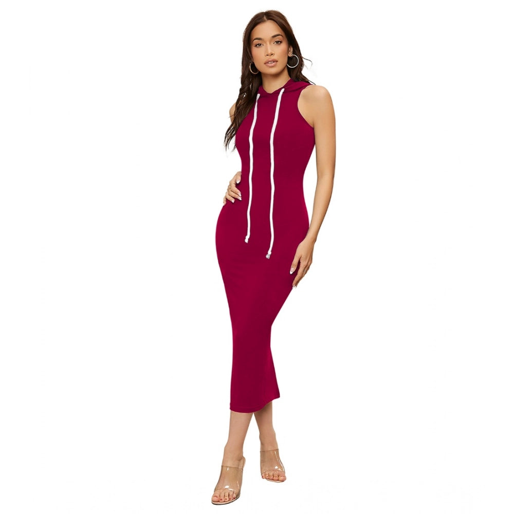 Amfyn Women's Knitting strachable Solid Round Neck Sleeveless Dresses (Maroon)