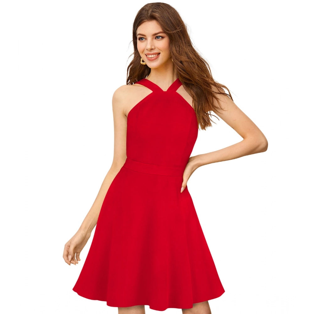 Amfyn Women's Knitting strachable Solid Halter Neck Sleeveless Dresses (Red )