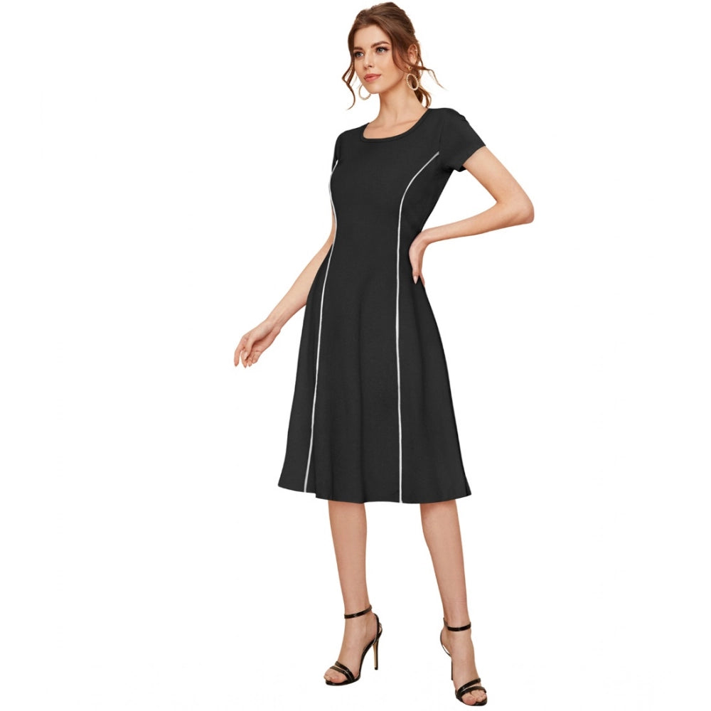 Amfyn Women's Knitting strachable Solid Round Neck Cap Sleeve Dresses (Black)