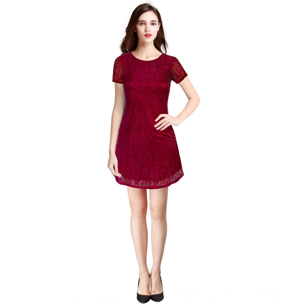 Amfyn Women's Rasal Solid Round Neck Cap Sleeve Dresses (Maroon)