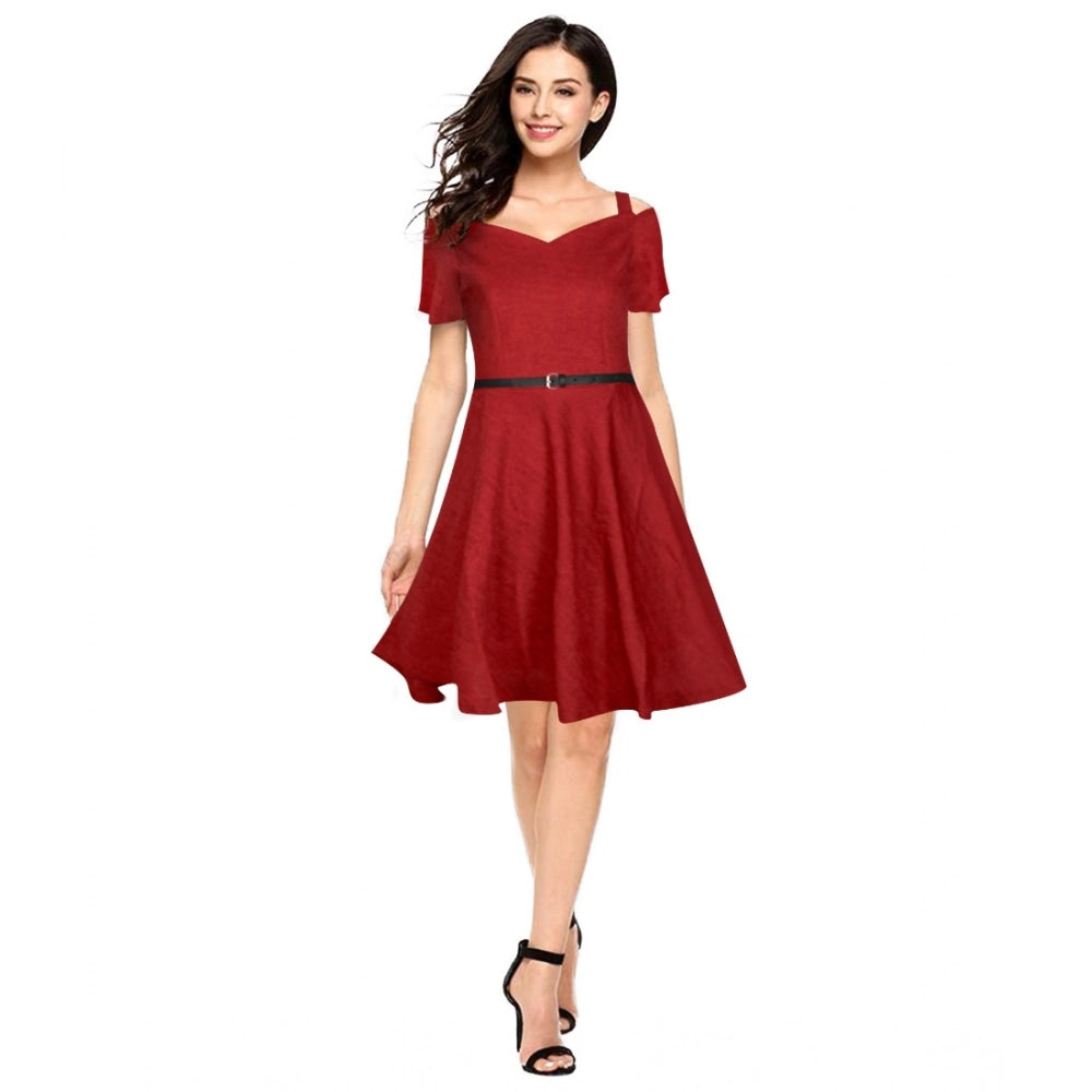 Amfyn Women's Polyster Solid V Neck Cap Sleeve Dresses (Maroon)