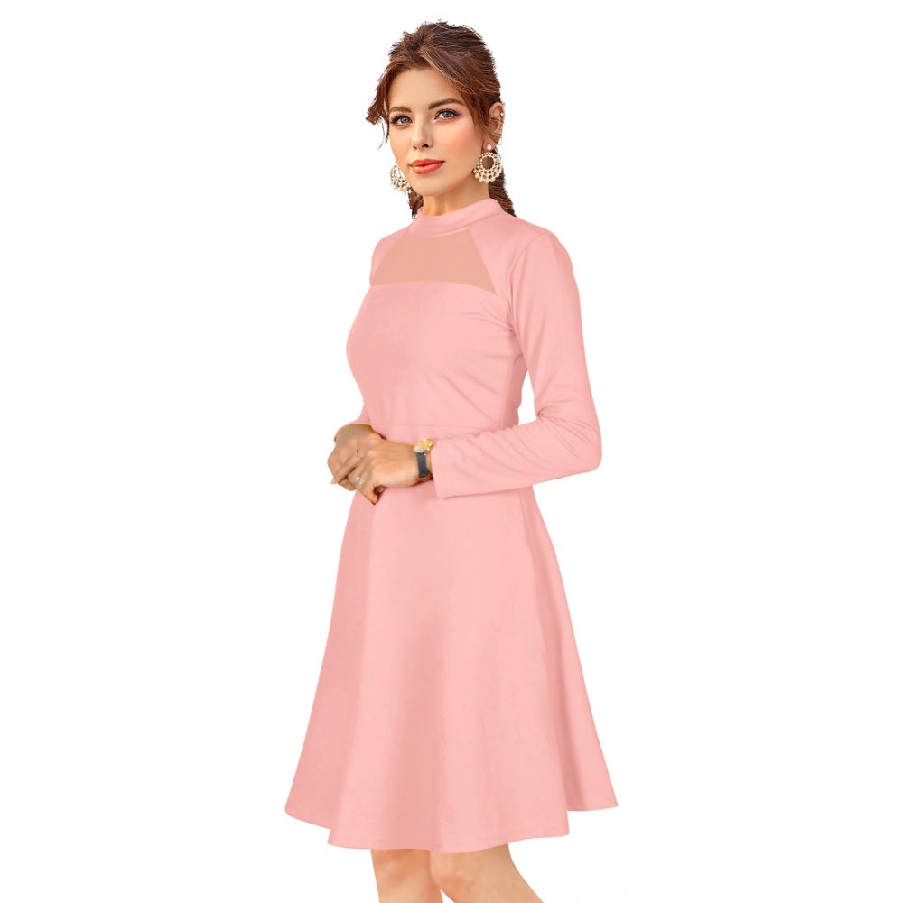 Amfyn Women's Knitting strachable Solid Round Neck Full Sleeve Dresses (Peach)