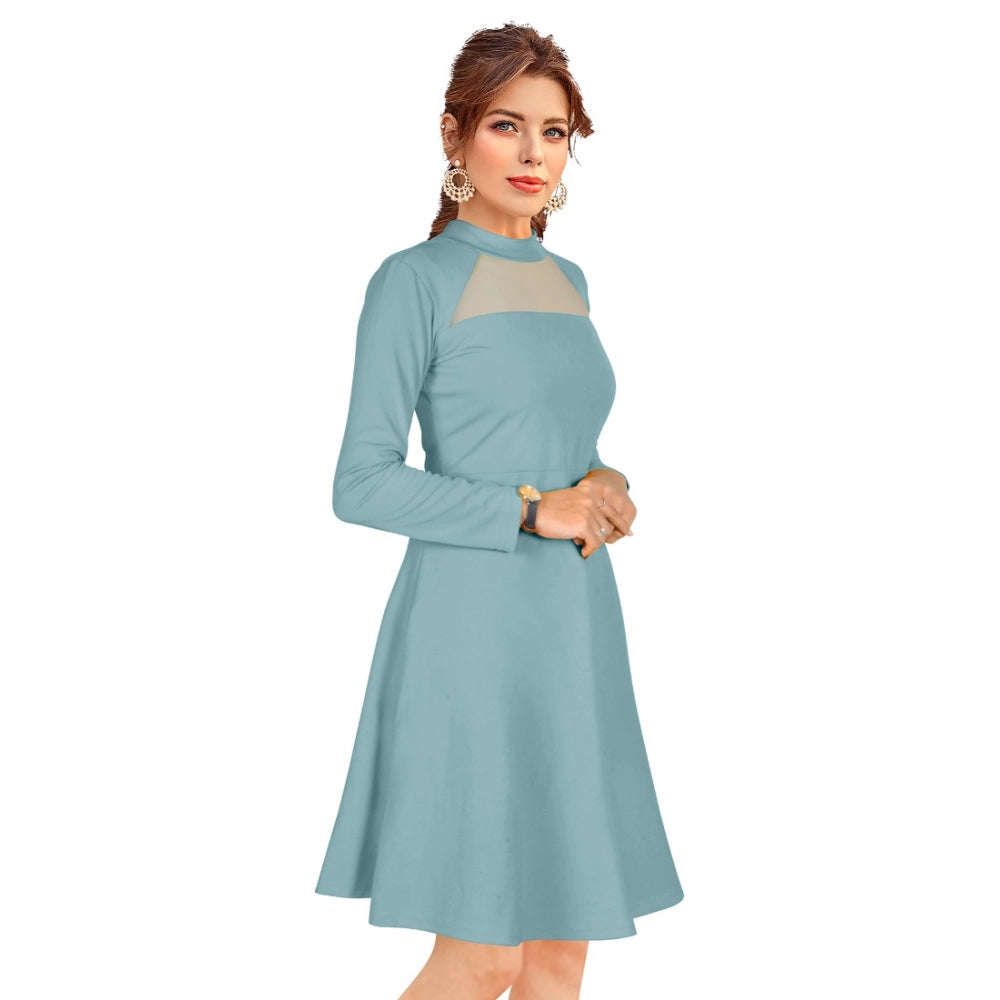 Amfyn Women's Knitting strachable Solid Round Neck Full Sleeve Dresses (Pista)