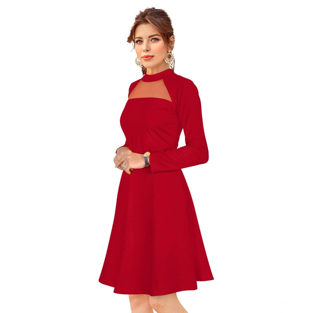 Amfyn Women's Knitting strachable Solid Round Neck Full Sleeve Dresses (Red)