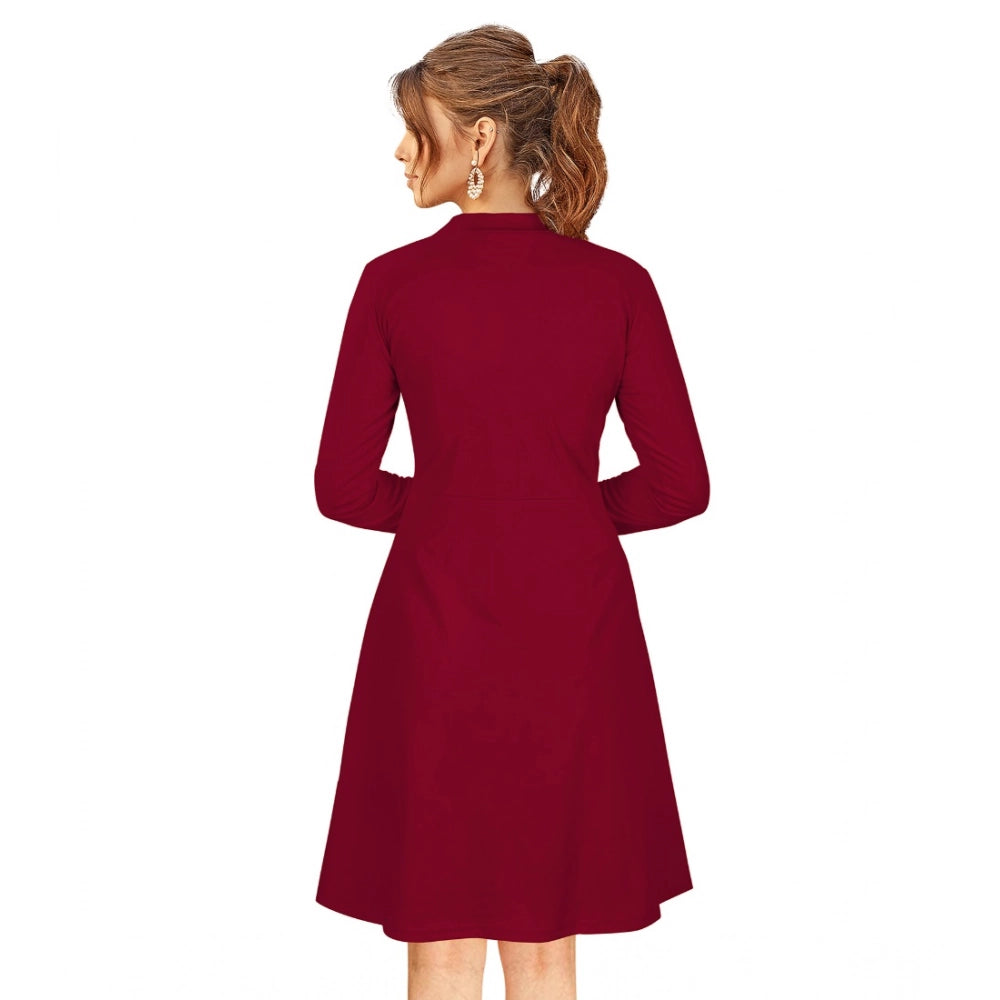 Amfyn Women's Knitting strachable Solid Round Neck Full Sleeve Dresses (Maroon)