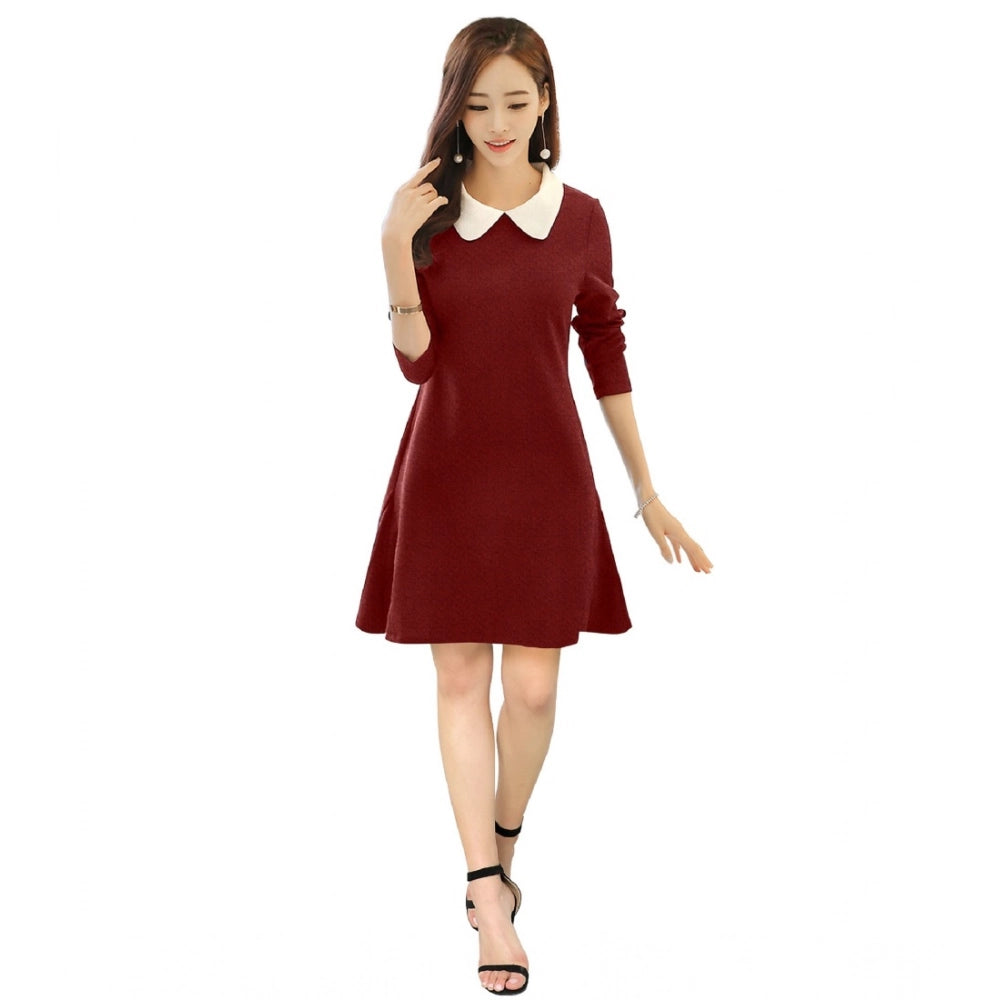 Amfyn Women's Polyster Solid Collar 3-4th Dresses (Maroon)