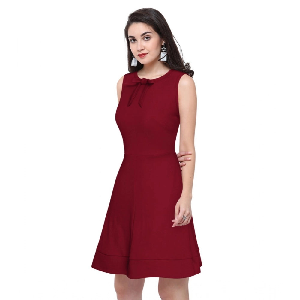 Amfyn Women's Polyster Solid Round Neck Sleeveless Dresses (Maroon)