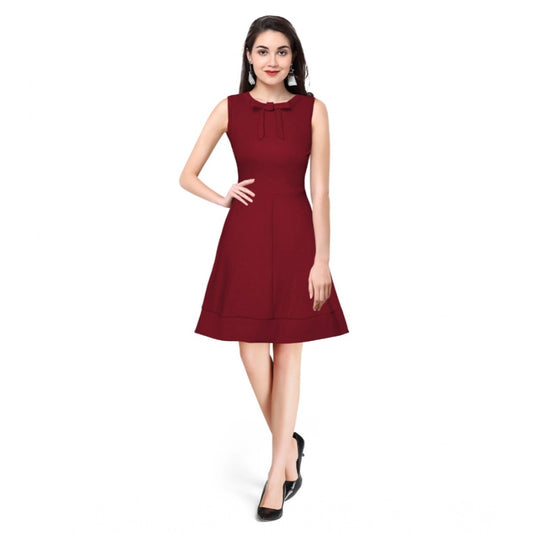 Amfyn Women's Polyster Solid Round Neck Sleeveless Dresses (Maroon)