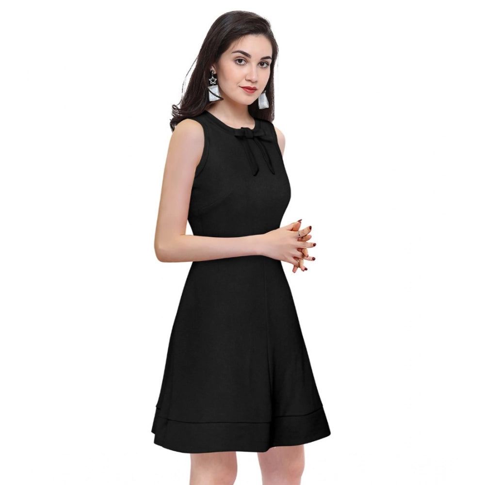 Amfyn Women's Polyster Solid Round Neck Sleeveless Dresses (Black)