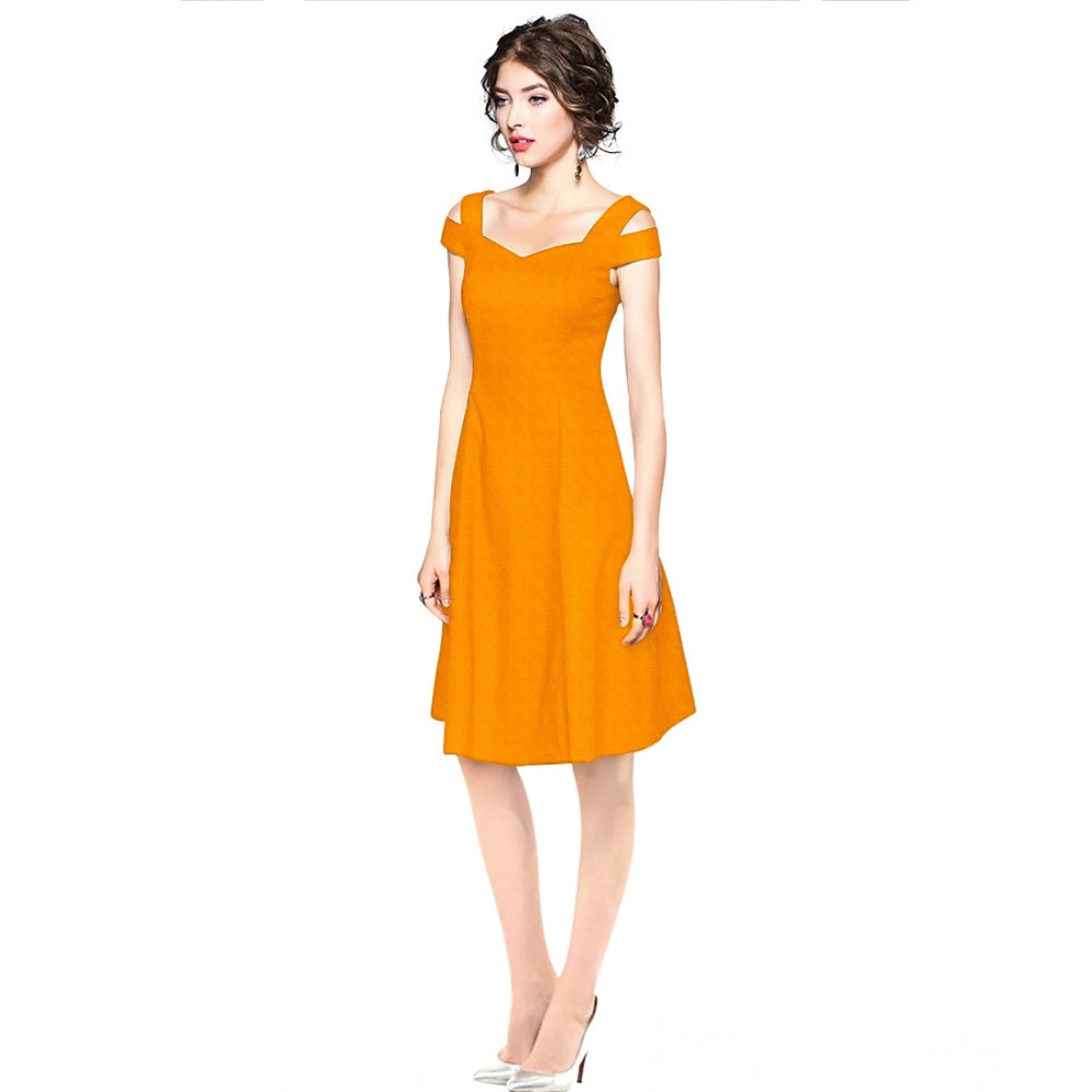 Amfyn Women's Polyster Solid V Neck Cap Sleeve off Sholder Dresses (Yellow)