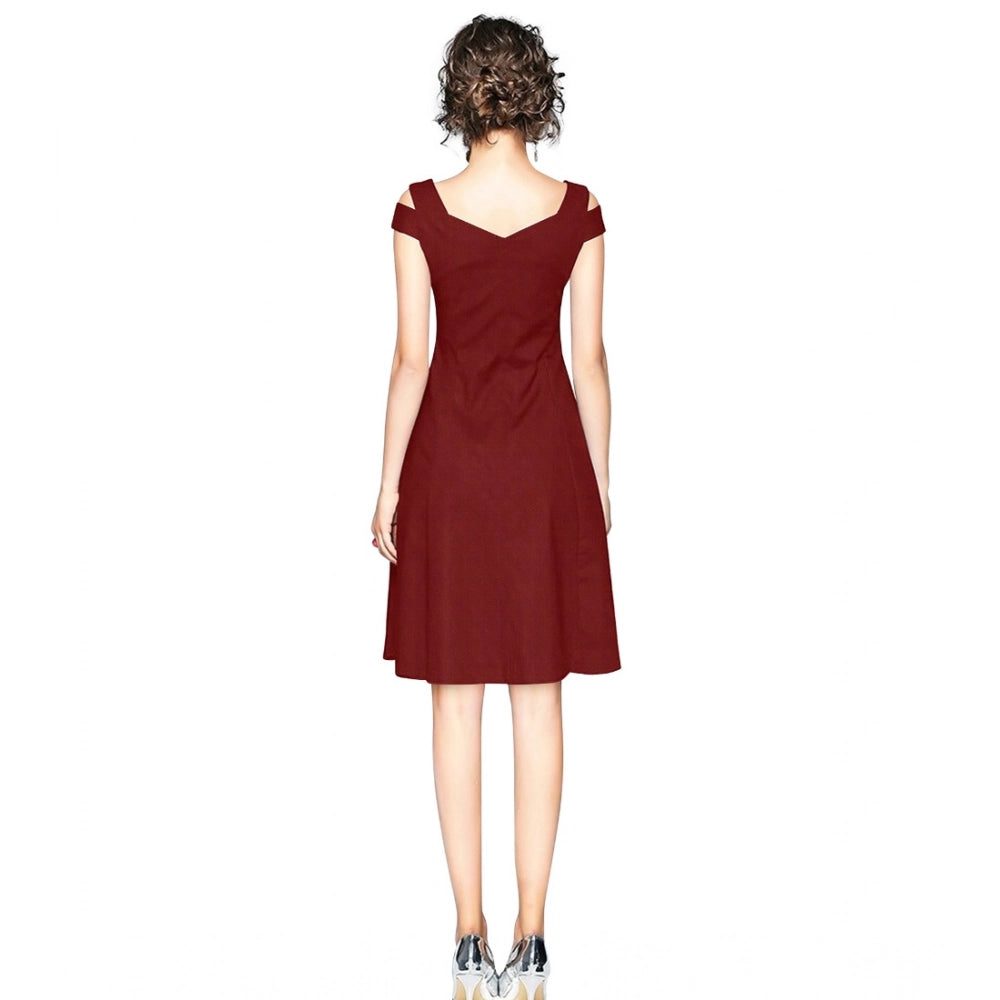 Amfyn Women's Polyster Solid V Neck Cap Sleeve off Sholder Dresses (Maroon)