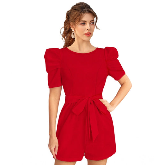 Amfyn Women's Knitting strachable Solid Round Neck 3-4 Puff Sleeve Dresses (Red )