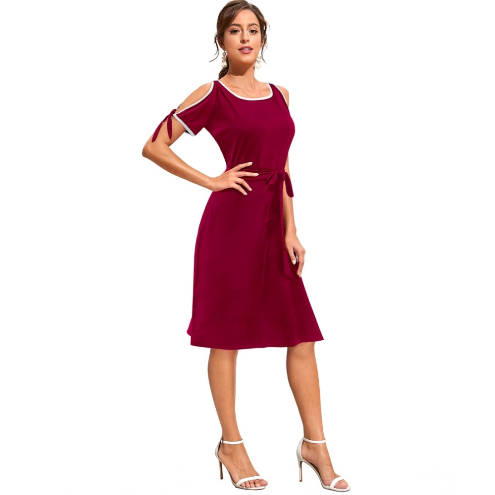 Amfyn Women's Knitting strachable Solid Round Neck Sleeveless Dresses (Maroon)