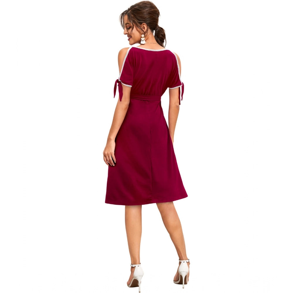 Amfyn Women's Knitting strachable Solid Round Neck Sleeveless Dresses (Maroon)